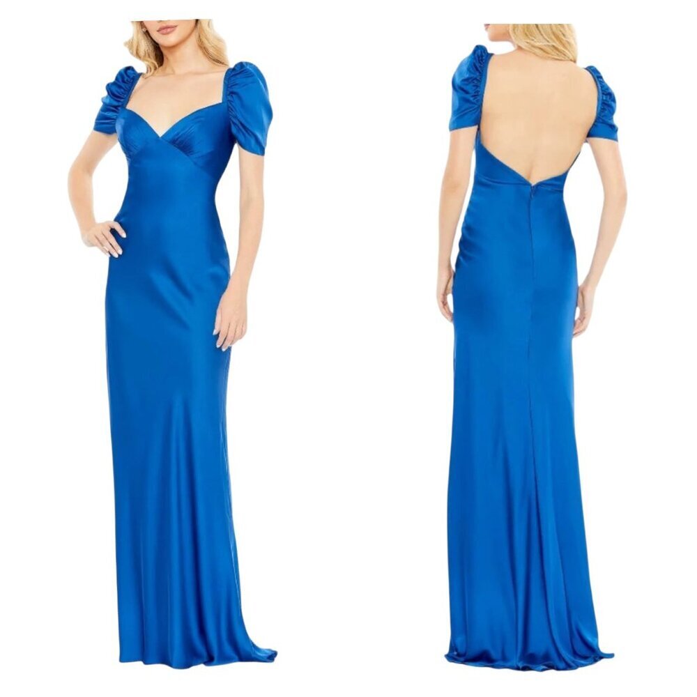 Mac Duggal Blue Satin Puff Sleeve Open Back Gown Size 8 NWT Style 68332